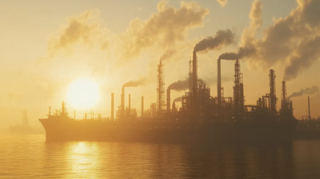 An industrial scene featuring a silhouetted oil refinery and a ship against a dramatic sunset sky. The image captures atmospheric reflections on water.の素材