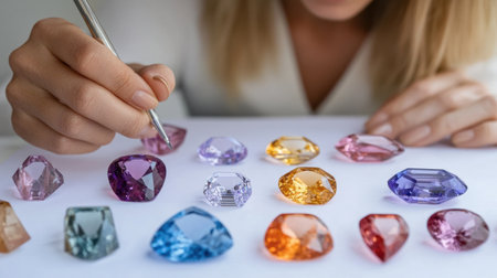 A close-up view of a person examining a collection of colorful gemstones with tweezers. The vibrant gems shine brightly under natural light, showcasing detail and beauty.の素材