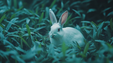 A serene white rabbit sits quietly amidst vibrant green grass, showcasing the delicate beauty of nature in soft natural light. Ideal for wildlife lovers.の素材