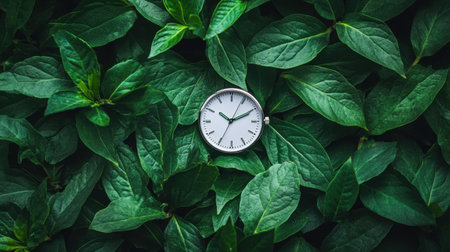 This image showcases a sleek clock nestled among vibrant green leaves, representing the harmony between time and nature. Perfect for themes of tranquility and modern life.の素材