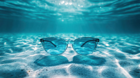A stunning underwater view featuring elegant transparent sunglasses resting on the sandy ocean floor, illuminated by sunlight filtered through layers of clear blue water.の素材
