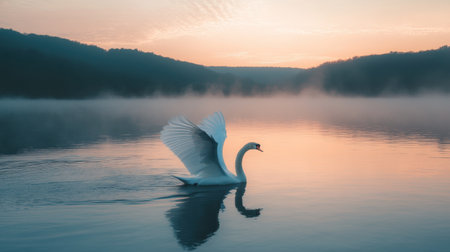 A serene scene of a swan gliding gracefully across a misty lake at sunrise, capturing the tranquility of early morning light and nature's beauty.の素材