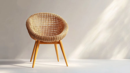 This image features a cozy woven chair with natural wooden legs set against a soft, light backdrop, highlighting its minimalistic elegance and inviting nature.の素材