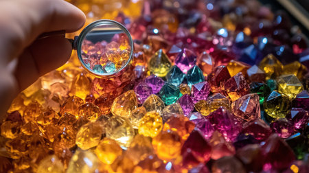 A hand holds a magnifying glass over a vibrant assortment of colorful gems and crystals, revealing intricate details and reflections in stunning light.の素材