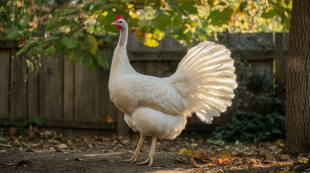 A stunning white turkey proudly showcasing its feathers stands in a tranquil backyard scene, surrounded by colorful autumn leaves, evoking a serene atmosphere.の素材