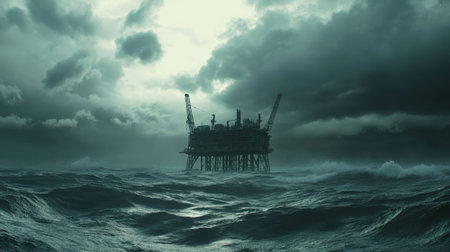 A striking view of an offshore oil rig surrounded by turbulent sea waves and dark storm clouds, highlighting the power of nature against industry.の素材