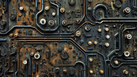 This abstract industrial background showcases a complex arrangement of pipes, gears, and electrical components, featuring dark metallic shades and intricate textures.の素材