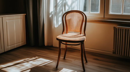 A serene image of a wooden chair basking in soft sunlight, casting beautiful shadows on the floor, creating a warm and inviting atmosphere in the room.の素材