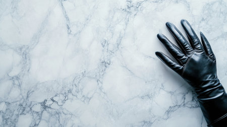 Close-up view of an elegant black leather glove resting on a smooth and stylish marble surface, highlighting fashion, texture, and luxury aesthetics.の素材