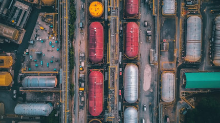 This aerial image captures a vibrant industrial facility with colorful storage tanks and intricate machinery, showcasing the oil and gas sector's operations.の素材