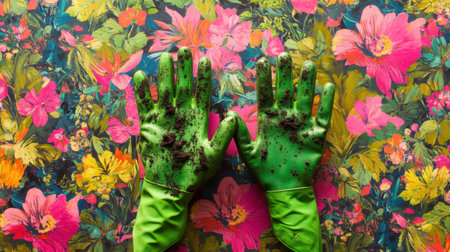 This image captures a pair of green gardening gloves, stained with soil, set against a vivid floral backdrop, symbolizing the joy of gardening and nature.の素材