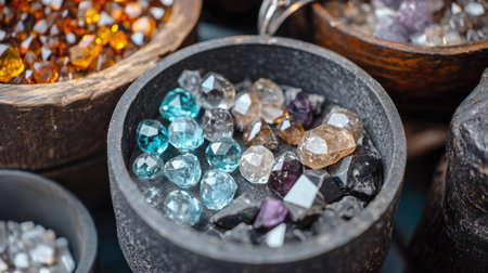 A stunning display of colorful gemstones and crystals in decorative bowls, capturing the natural beauty and allure of these precious minerals.の素材