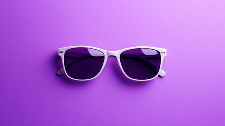A pair of stylish white sunglasses with dark lenses is placed on a vibrant purple background, creating a modern and artistic look perfect for fashion enthusiasts.の素材