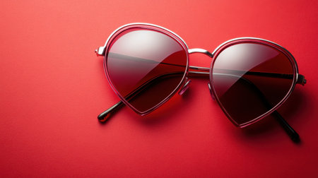 A pair of trendy heart-shaped sunglasses rests on a striking red surface, showcasing dark lenses that offer both style and sun protection. Perfect for summer.の素材