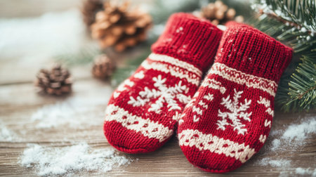 A pair of cozy red mittens adorned with white snowflakes rests on a rustic wooden surface. Pine cones and soft snow enhance the wintery atmosphere, perfect for holiday warmth.の素材
