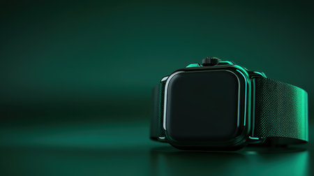 A sophisticated smartwatch is presented on a dark green backdrop, highlighting its sleek design, modern features, and elegant style, perfect for tech enthusiasts.の素材
