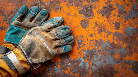 This image showcases a pair of worn work gloves resting on a rusty metal surface featuring vibrant orange paint, highlighting the texture and details of both elements.の素材