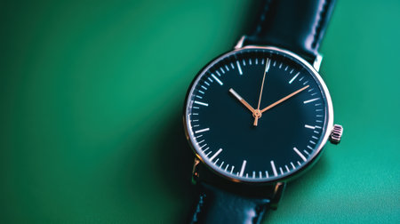 This stunning image showcases an elegant black watch with golden hands resting on a vibrant green surface, perfect for fashion and lifestyle projects.の素材