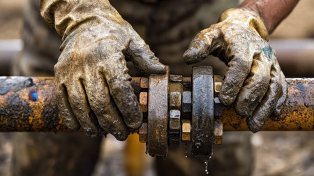 A skilled worker in gloves connects metal pipes at a construction site, showcasing the importance of safety and precision in industrial labor.の素材