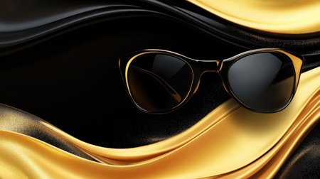 A pair of elegant sunglasses lies gracefully on flowing black and gold silks, showcasing a perfect blend of style and sophistication for fashion enthusiasts.の素材
