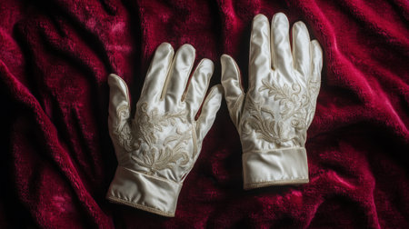 This stunning image features a pair of elegant white embroidered gloves displayed on rich red velvet fabric, showcasing intricate craftsmanship and classic style.の素材