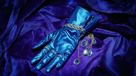 A vibrant blue satin glove elegantly placed on a rich purple fabric background, adorned with decorative jewelry, perfect for fashion-focused design projects.の素材
