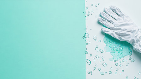 A close-up view featuring a protective glove on a soft blue background with water droplets scattered across a clean surface, emphasizing hygiene and safety.の素材