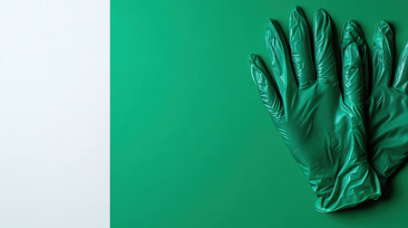 This image features a pair of green disposable gloves positioned on a bold green background, highlighting the importance of hygiene in various settings.の素材