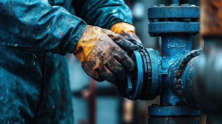 A professional worker dressed in protective gear is seen repairing a blue valve in an industrial setting, showcasing diligence and craftsmanship.の素材