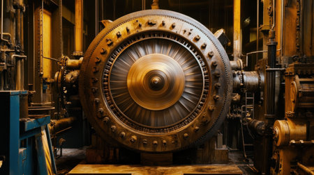 This captivating image showcases a detailed close-up of an industrial turbine with a spinning rotor, situated in a warm-lit factory setting. The intricate design and mechanical elements highlight the fusion of technology and engineering in energy production.の素材
