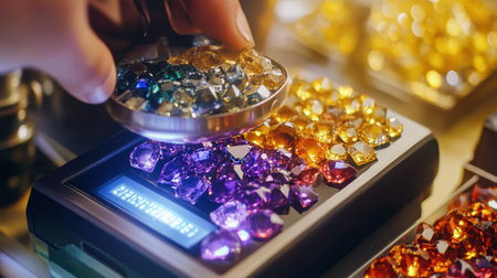 A close-up view of a hand using a magnifying glass to examine an array of colorful gems and stones on display in a jewelry store.の素材
