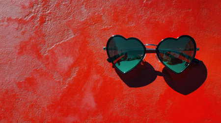 Vibrant heart-shaped sunglasses lay on a bold red background, representing summer and playful fashion. The striking colors and design create an appealing visual for lifestyle themes.の素材