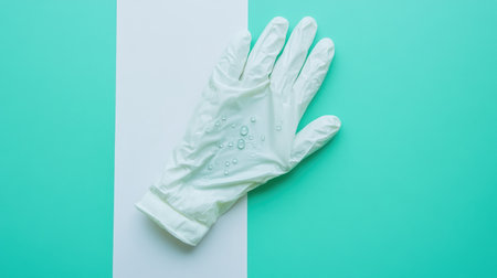 A close-up image showcasing a clean white glove adorned with water droplets, set on a mint green background. Ideal for themes of hygiene and safety.の素材