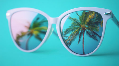 A fashionable pair of sunglasses captures stunning reflections of palm trees against a vibrant aqua backdrop. This image evokes summer vibes and tropical relaxation.の素材