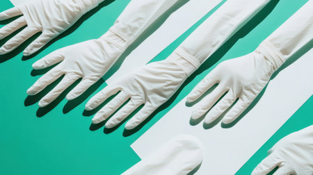 This image showcases an arrangement of white medical gloves on a vibrant green background, emphasizing hygiene and safety in healthcare settings.の素材