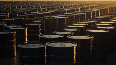 A captivating view of numerous metallic barrels aligned in rows during sunset, showcasing the interplay of warm light and shadows in an industrial setting.の素材