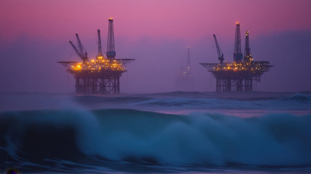 This captivating image features oil platforms illuminated against a stunning sunset backdrop. Gentle waves create a tranquil seascape, while soft mist adds a dreamy ambiance.の素材
