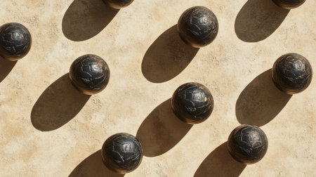 This captivating image showcases a series of black balls resting on a textured brown surface, with intricate shadows creating a striking visual effect.の素材
