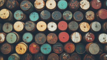 This image captures a captivating array of colorful old barrels, showcasing their unique textures and weathered surfaces in an industrial setting.の素材