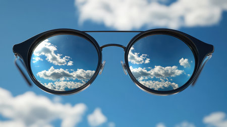 A pair of stylish round sunglasses reflecting a vibrant blue sky and fluffy white clouds, embodying a bright and cheerful outdoor atmosphere.の素材