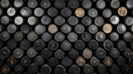 Close-up view of wooden barrel tops arranged neatly to create a unique textured surface, ideal for rustic themes and artistic designs.の素材