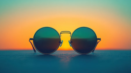 A captivating image of stylish round sunglasses reflecting a vibrant sunset, symbolizing fashion and leisure during summer moments.の素材