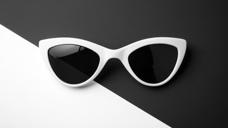 A pair of stylish white cat-eye sunglasses resting on a striking black and white background. Perfect for fashion photography and modern accessory promotion.の素材