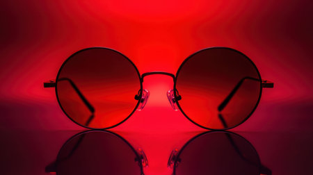 This striking image features stylish round sunglasses with red lenses against a vibrant red background, creating a bold aesthetic. The reflections and bright colors make it ideal for fashion, lifestyle, or artistic projects.の素材