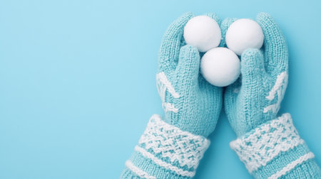 A pair of cozy, light blue gloves holding three fluffy snowballs against a pastel blue backdrop, perfect for representing winter fun and seasonal activities.の素材