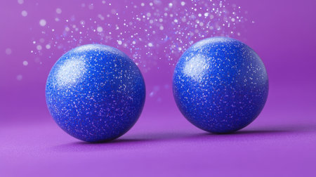 Two vibrant blue sparkly balls rest on a smooth purple surface, emanating a whimsical glow with a hint of magic, perfect for artistic designs.の素材