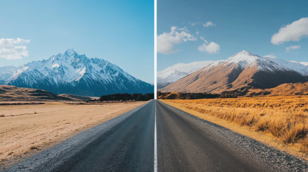 The image captures a stunning landscape showcasing a clear divide between snow-capped mountains and golden autumn hills under a bright blue sky.の素材