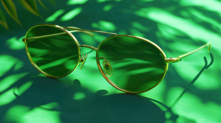 Close-up of stylish round green sunglasses resting on a vibrant green background. Shadows from leaves add a tropical vibe, ideal for fashion projects.の素材