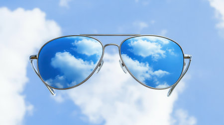 A pair of stylish sunglasses reflects a bright blue sky filled with fluffy clouds, capturing the essence of summer, vacation, and relaxation.の素材