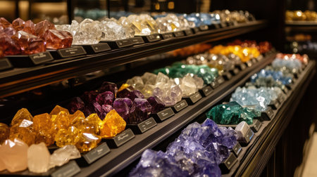 A stunning array of colorful natural crystals is elegantly showcased on shelves in a gemstone store, revealing their diverse shapes and vibrant hues.の素材